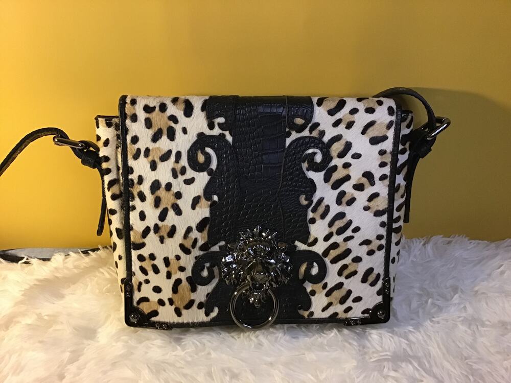 Original by Sharif 1827 Leopard Print Calf Hair Lion Door Knocker Closure Purse
